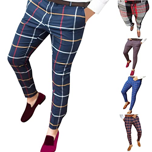 Mens Plaid Stretch Dress Pants Slim Fit Skinny Chino Pant Tapered Leg Checkered Casual Business Golf Work Suit Pants3