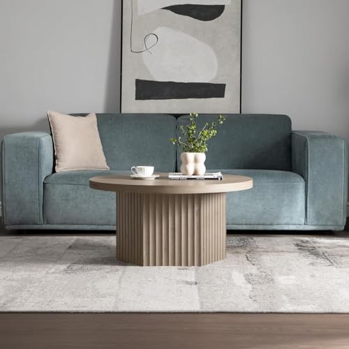 Image of SICOTAS Round Coffee Table for Living Room, Modern Fluted Circle Center Coffee Table with Storage, 32 inch Accent Tea Dining Table for Apartment, Grey Alder
