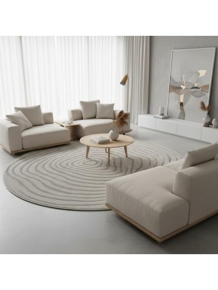 Tapis Rond Moderne à Relief Fluide avec Lignes organiques superposées - Dimension 120 cm Ronde, Couleur Gris