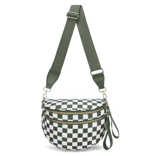 Image of WOOMADA Checkered Crossbody Bag Bum Bag for Women, Fanny Pack Checkered Purse, Belt Bag with Shoulder Strap(Army Green Checkerboard)