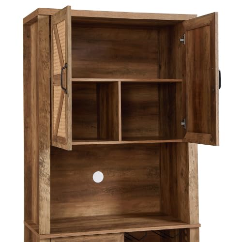 76-Inch-Tall-Buffet-Sideboard-Cabinet-with-Microwave-Shelves-Faux-Rattan-Liquor-Cabinet-for-Dining-Room-Entryway-Farmhouse-Barn-Door-Rustic-Wood-Storage-Cabinet-with-Wine-Rack-for-Kitchen-Oak 76 Inch Tall Buffet Sideboard Cabinet with Microwave Shelves Faux Rattan Liquor Cabinet for Dining Room Entryway Farmhouse Barn Door Rustic Wood Storage Cabinet with Wine Rack for Kitchen Oak