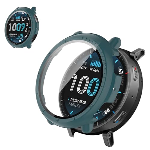 For Amazfit Active Max 48mm �P�[�X �t�B����+PC�t���[�� ��̌^ �ی�J�o�[ �K���X�t�B���� ��̌^ �h�� �h�o�yHUKWIMO�z 3D�S�ʕی� �w��h�~ HD�����ߗ� ���ɋ��� �C�A�[�� �ɔ� �������� ���˒ጸ (�O���[��