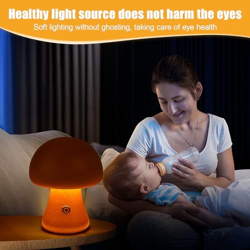 Mushroom Lamp Wooden, Portable Dimmable Bedside Lamp with USB Charging, Wireless Night Light - Image 2