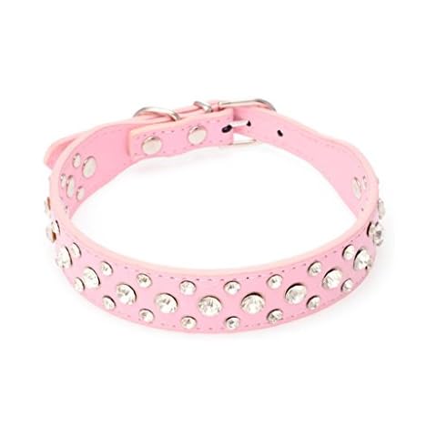 Rhinestones Dog Collars-1" Wide Crystal Diamonds Studded PU Leather Sparkly Crystal Studded Collar for Small & Medium Dog (L, Pink) Cover