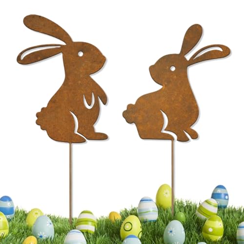 2er Osterhasen Gartenstecker, 2D Edelrost Oster Hase Gartenstecker Deko Rost, Gartendeko Groß Rost Ostereier Hase, Osterdeko für Draußen Garten, Ostern Deko Gartendeko für Draußen (A)