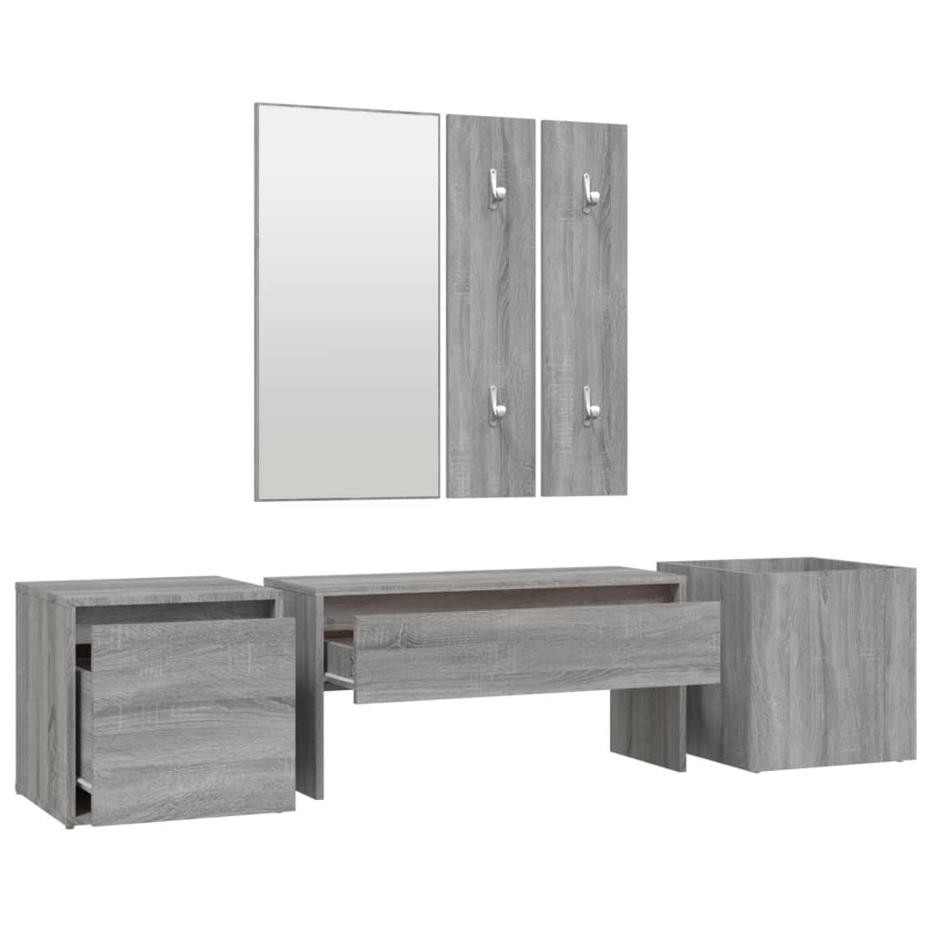 Juego de perchero gris Sonoma de madera 80 x 30,5 x 40 cm con espejo, caja de almacenamiento y jardinera, diseño moderno y robustez para pasillo, salón y dormitorio
