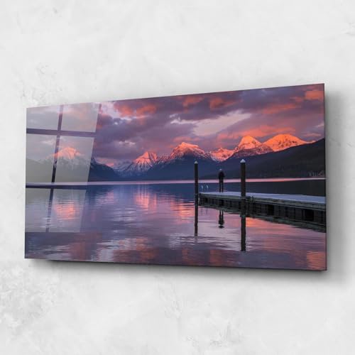 ARTHUB® Quadro in vetro 60x120 cm, 4mm temperato | Quadri moderni in vetro per soggiorno e camera da letto, decorazione da parete, arredamento d'interni, Paesaggi, Snowy Pink Mountain