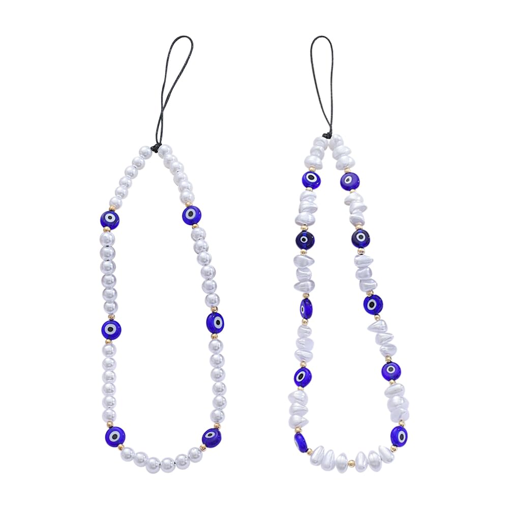 HugeDE 2 Pcs Evil Eye Phone Charms Faux Pearl Beaded Cellphone Charms Cute Wrist Phone Lanyards Keychain Mobile Phone Straps Phone Chain Strings for Women Girls