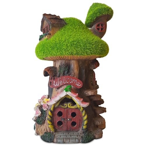 TIN DREAMS FACTORY | Casita de Hadas para Jardín con Luz Solar - Fairy Tree House en Resina - Decoración Exterior Jardín, Patio, Terraza - Adorno Mágico con Luz LED para Ambientes Encantados