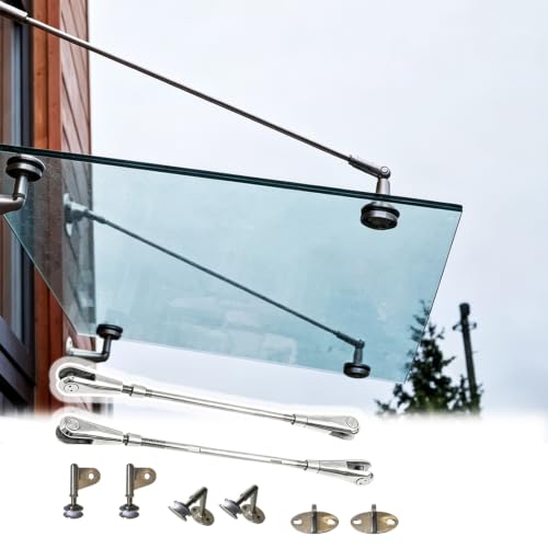 Complete Glass Canopy Hardware Kit with Support Rods, Stainless Steel Glass Awning Support System for Door, Window, Entrance