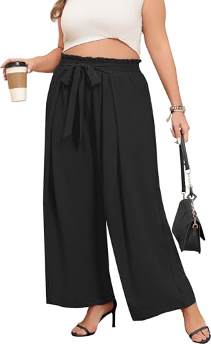 Lastshe Women's Plus Size Pants Wide Leg Work Casual Palazzo Pants Elastic High Waisted Dressy Trousers with Pockets2