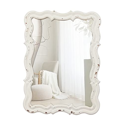 Sintosin Specchio decorativo da parete rustico, con cornice in legno, 29 x 39 cm, specchio vintage, specchio cornice bianca per soggiorno, camera da letto, bagno, corridoio