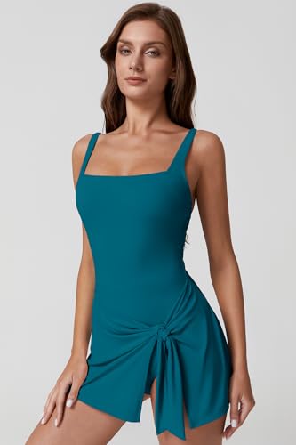 Image of QINSEN Square Neck Swim Dress for Women Tummy Control One Piece Swimsuit Wrap Bathing Suit