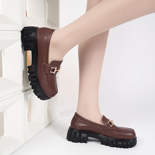 Image of Maichal Platform Loafers for Women Slip On Chunky Heel Lug Sole Shoes Business Work Dressy Loafers with Chain