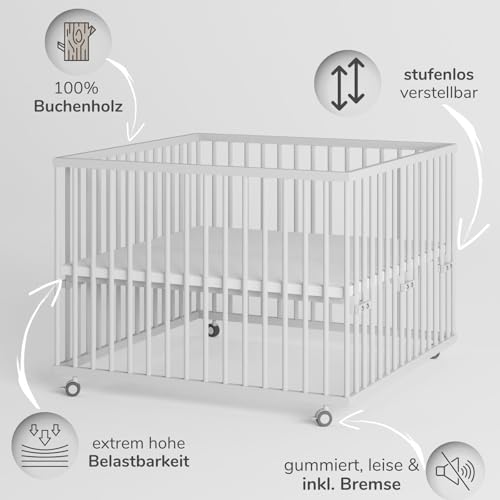 Sämann® Laufgitter 100x100 cm mit Matratze und Schlupfsprossen, stufenlos höhenverstellbar, Baby Laufstall, Buche, gummierte Rollen, Buche weiß lackiert