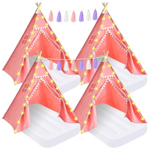 PLULON 4 Pack Pink Kids Teepee Tent Bulk Slumber Party Tents for Girls Sleepover Tents with Inflatable Airbed and Tent Decorations Play Tent for Birthday Party Indoor Outdoor, for Kids
