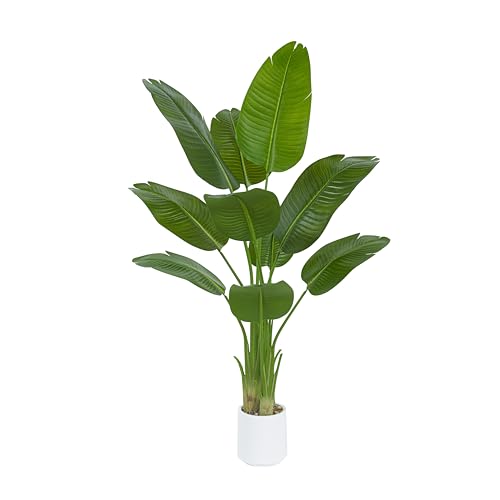 Artificial Bird of Paradise Plant 5FT Fake Palm Tree Feaux Plants in White Pot Artificial Tree Fake Plant for Indoor Outdoor Modern Decoration for Home Living Room Office