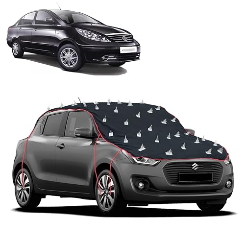 Image of Dog Protection Spike Car Cover for Tata Manza Bonnet to Roof Easy Installation with 4 Elastic Hook Strap | Anti-Scratch Soft Cotton Inner | Complete Protection from Street Dogs & Monkeys