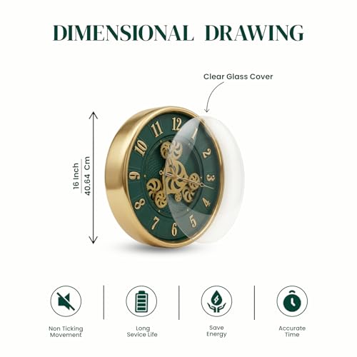 Image of HARDSTONE Premium Luxury Wall Clock Silent Non-Ticking Mechanism Elegant Green & Gold Design Modern Decorative Timepiece for Living Room, Bedroom & Office Decor 16 Inch