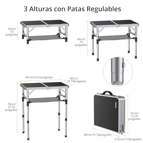 Miniatura 3 de Anbte Mesa Plegable Camping 59x40x26 48 70cm Ajustable Altura Mesas De Acampada Portátil Mesa Playa Aluminio Impermeable Resistente A La Oxidación Negro Para Terraza Playa Exterior