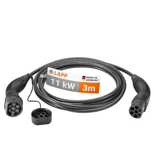 LAPP MOBILITY 11KW Cable de carga de coche eléctrico 3 m tipo 2 cable de carga de coche – IP55 resistente al agua Cable tipo 2 11 KW 20 a – Cable de carga tipo 2 modo 3 – Negro – Fabricado en Alemania