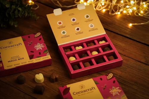 Image of Cocoacraft Magic Box 12 pcs | Handmade White, Milk & Dark Chocolate Pralines with Cranberry, Coffee, Almond, Orange & Caramel | Premium Gift Hamper for Wedding, Birthday & Corporate Gifting