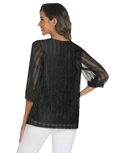 Relipop Womens 3/4 Sleeve Sparkle Top Casual Loose Fit Mesh Pleated Double Layered Tunic Tops2