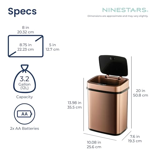 Image of Ninestars 3 Gallon Automatic Trash Can, 12L Touchless Motion Sensor Bathroom or Bedroom Garbage Can with Odor-Sealing Lid, Rectangular Gold Stainless Steel Base, Black Lid