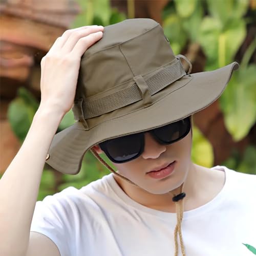 Taeku Buschhut, Herren Damen Mesh Bucket Boonie Hat Breite Krempe Sonnenhut mit Kinnband Fischermütze Outdoor Angelhut (Khaki)