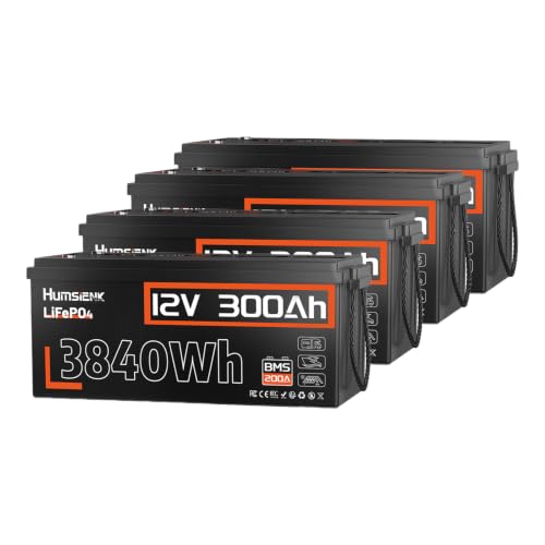 Image of HumsiENK 4 Pack 12V 300Ah (314Ah) LiFePO4 Lithium Battery 3840Wh Deep Cycle | 6000+ Cycles, Built-in 200A BMS, Low-Temp Cutoff, Lithium Iron Phosphate, Support Connection for RV Solar Off-Grid System
