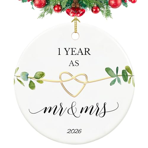 Product Image of the First Anniversary Ornament, Gifts for 1st Anniversary, 1st Year Wedding Gifts for Couple,Her,Him, 2.9' Ceramic One Year as Mr and Mrs Christmas Ornament 2026