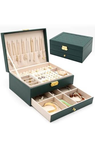 [MNOA.] アクセサリー ジュエリー ケース ボックス 2段式 ジュエリー収納 宝石箱 指輪ボックス アクセサリートレー 指輪 ネックレス イヤリング 収納 小物入れ 鍵付き 持ち運び 携帯 贈り物 プレゼント かわいい おしゃれ (グリーン)