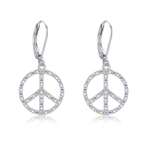 Peace Sign Earrings 925 Sterling Silver Colorful Rainstone Peace Sign Drop Earring for Women Hippie Accessories Jewelry for Women