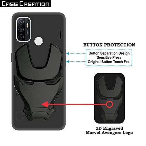 Image of COVERLY Official 3D Smooth Feel Avengers Logo Mask Soft Rugged Grip TPU Silicone Iron Man Engraved Cartoon Movie Engraved Silicone Rubber Matte Strong Back Cover for Oppo A33 (2020) -HD Black Avenger