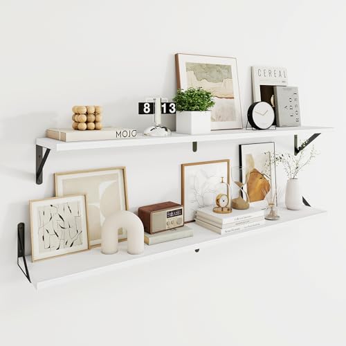 Deep Floating Shelves for Wall, 48W x 8D Wall Mounted Shelves Set of 2, Wide Display Ledge Shelf with Sturdy Metal Brackets for Living Room, Bathroom, Bedroom and Kitchen, White