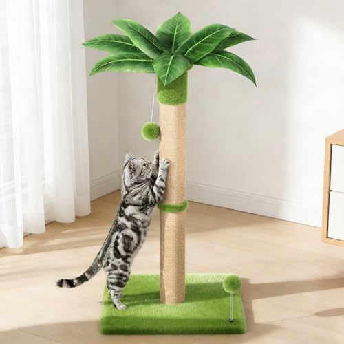 XiaZ Cat Scratching Post 34 Tall Durable Cat Scratch Tree Tower for Indoor Kitty with Extra Wide 15.8 Stable Base & 2 Toy Balls Natural Sisal & Plush Fabric for Small Medium Cats (Green 2.8in)