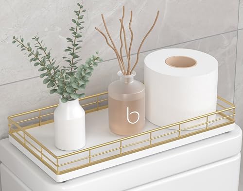 Toilet Paper Basket Organizer Oak Wood Toilet Tank Tray with Metal Frame