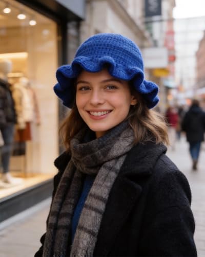 Image of Women Crochet Bucket Hat Cute Winter Ruffled Brim Floppy Cap Handmade Knit Cloche Hats