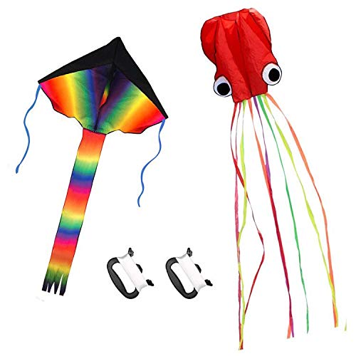 ZoomSky 2Stk Kinder Drachen,Große Bunt Delta Einleiner Flugdrachen und Rote Oktopus Winddrachen mit Drachenschnur für Mädchen Jungen ab 3 Jahre