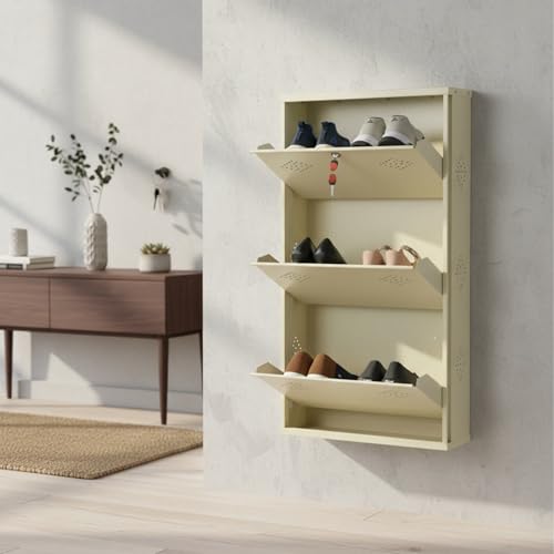 Image of 3 Door Wall Mounted Metal Shoe Rack Cabinet, Ivory, 39x21x6 Inch