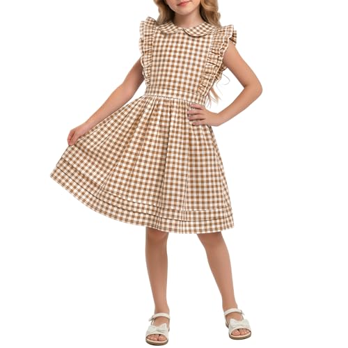 Xaatren Girls Summer Dress Kids Gingham Cute Pockets Dresses 5-14Y Midi Plaid Doll Collar Ruffle Sleeve Outfits with Zipper(9-10 Years Khaki)