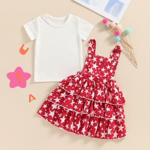 Image of Toddler Baby Girl Summer Clothes Kids Short Sleeve Solid T-Shirt Ruffle Daisy Skirts Overalls Dress Outfit 18M-6T