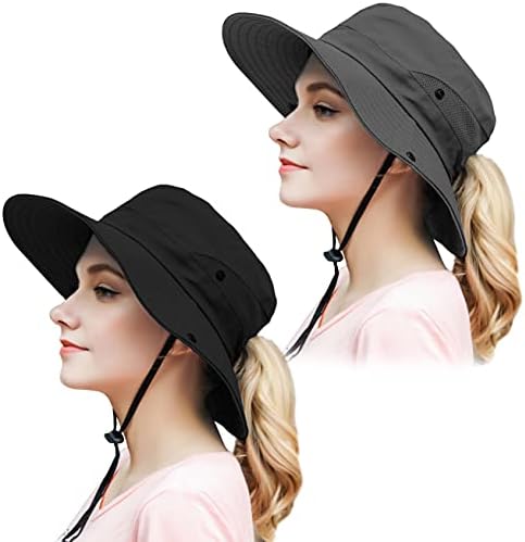 Muryobao Womens Outdoor Sun Hat Ponytail UV Protection Wide Brim Mesh Foldable Safari Beach Fishing Bucket Cap 2 Pack Black & Grey