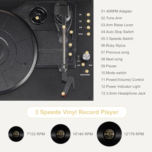 Image of Portable Bluetooth Record Player with USB Playback Rechargeable Battery and Built in Speakers 3 Speed Turntable in Retro Suitcase Design for Home Bedroom or Outdoor Use
