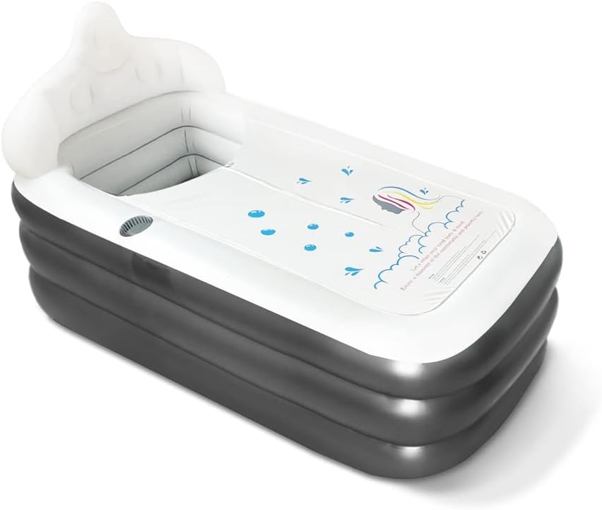 Nevife Inflatable Blow Up Bathtub with Bath Base,Headrest,Cup Holder and Pocket Storage,Foldable/Portable Free Standing Bath Tub for Adult Spa, Ideal for Hot Bath/Ice Bath 63"x35.4"x35.4"(Grey)