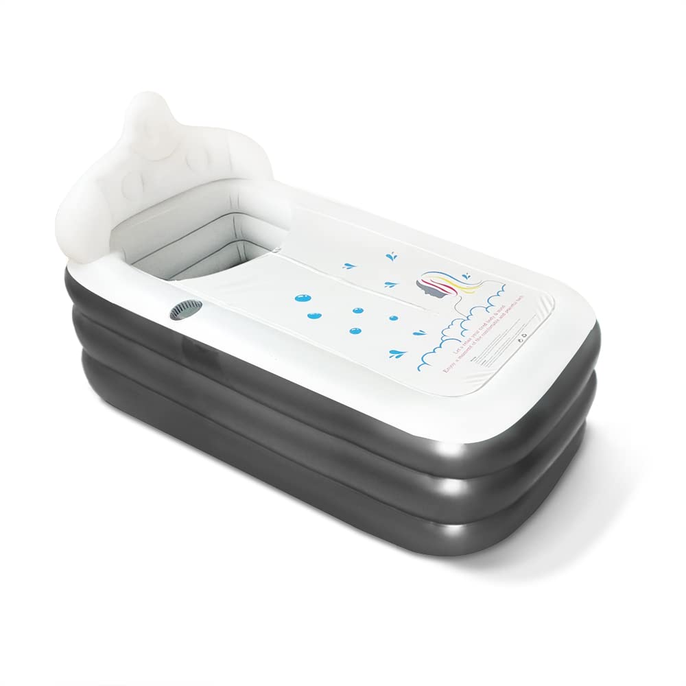 Nevife Inflatable Blow Up Bathtub with Bath Base,Headrest,Cup Holder and Pocket Storage,Foldable/Portable Free Standing Bath Tub for Adult Spa, Ideal for Hot Bath/Ice Bath 63"x35.4"x35.4"(Grey)