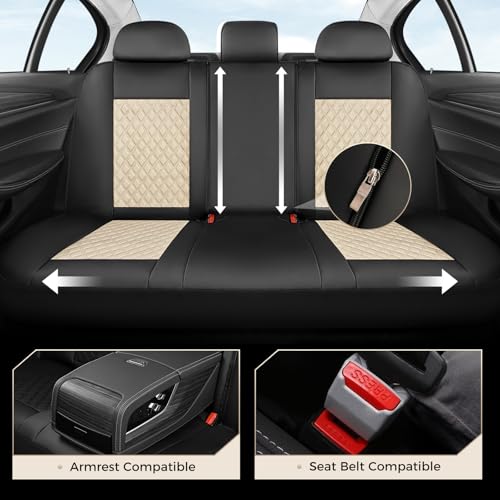 Image of Coverado Leather Seat Covers, Car Seat Covers Full Set, Black Beige Diamond Leather Car Seat Cover with Carbon Fiber Textured Design, Universal 5 Seats Waterproof Car Seat Protector Fit for Most Cars