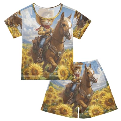 ALAZA Horse Cat Kitten Sunflower Pajamas Set Short Sleeve Cotton Sleepwear Summer Pjs 2 Piece 5-14Y