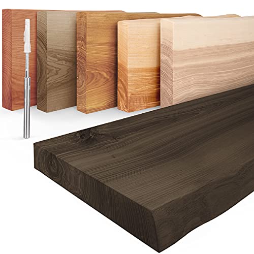 LAMO Manufaktur Schweberegal Holz mit unsichtbarer Befestigung | Wandregal 160 cm breit für Wohnzimmer, Home Office | Farbe: Schwarz, Kante: natürlich | Massivholz, modernes Design, Schwebende Optik