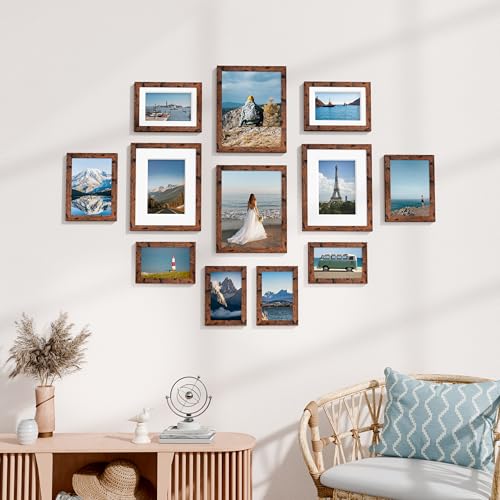 Image of Vittanly 12 Pack Picture Frames Collage Wall Decor for Mounting or Tabletop Display, Gallery Wall Frame Set for Family, Multi Sizes Including 4pcs 8x10, 4pcs 5x7, 4pcs 4x6, Rustic Brown